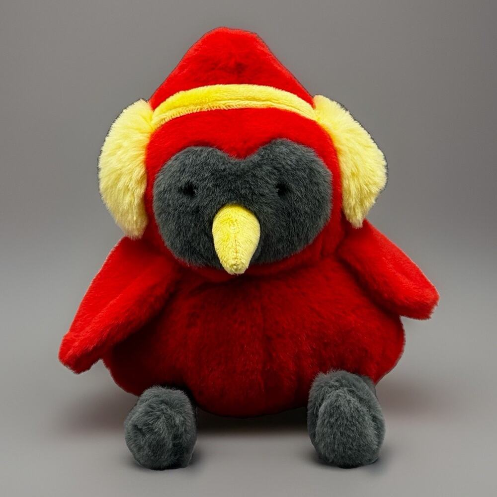 Gigglescape Cardinal Red Bird Plush 7" Yellow Winter Earmuffs Stuffed Toy
